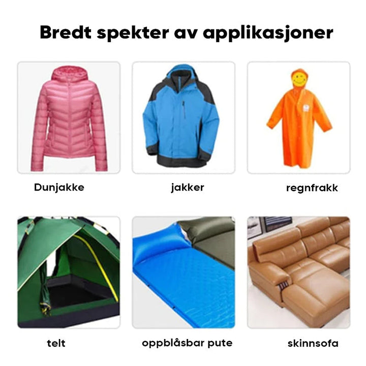 Reparasjonssett med fargerike, selvklebende lapper for dunjakker og utstyr.