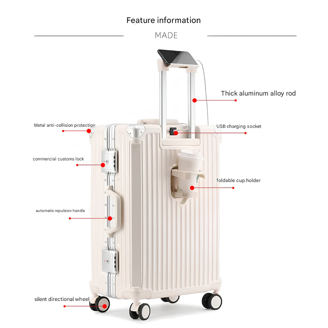 Elegant trillekoffert med aluminiumsramme og doble hjul for enkel manøvrering på businessreise.