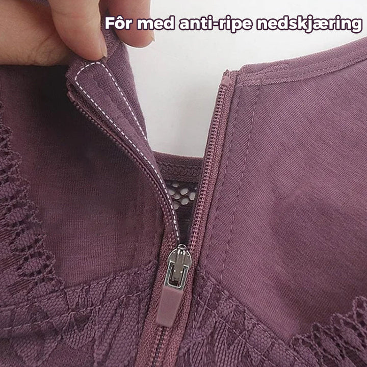 Behagelig plus size BH med glidelås foran, trådløs og støttende for optimal komfort.