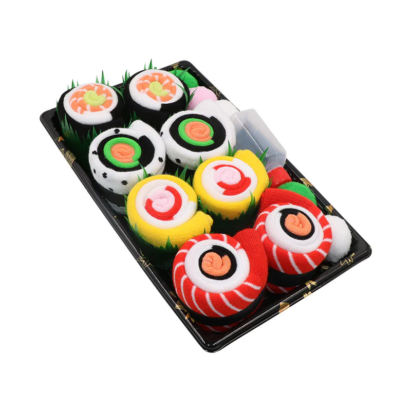 Sushi-sokker som tilbehør. Myke og komfortable unisex sokker med unikt matdesign, klar som gave.