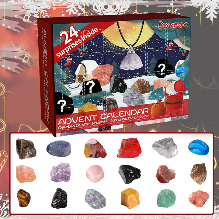 Detalj av adventskalender for barn, viser en samling rå mineraler og polerte steiner.