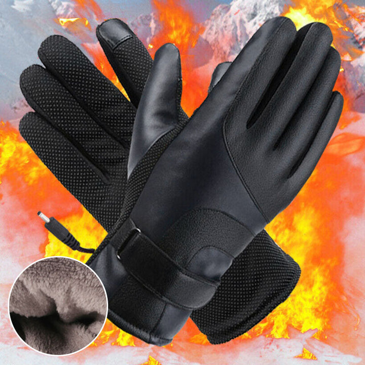 Svarte oppvarmede vinterhansker, unisex, med vanntett materiale og justerbar stropp for sikker passform.