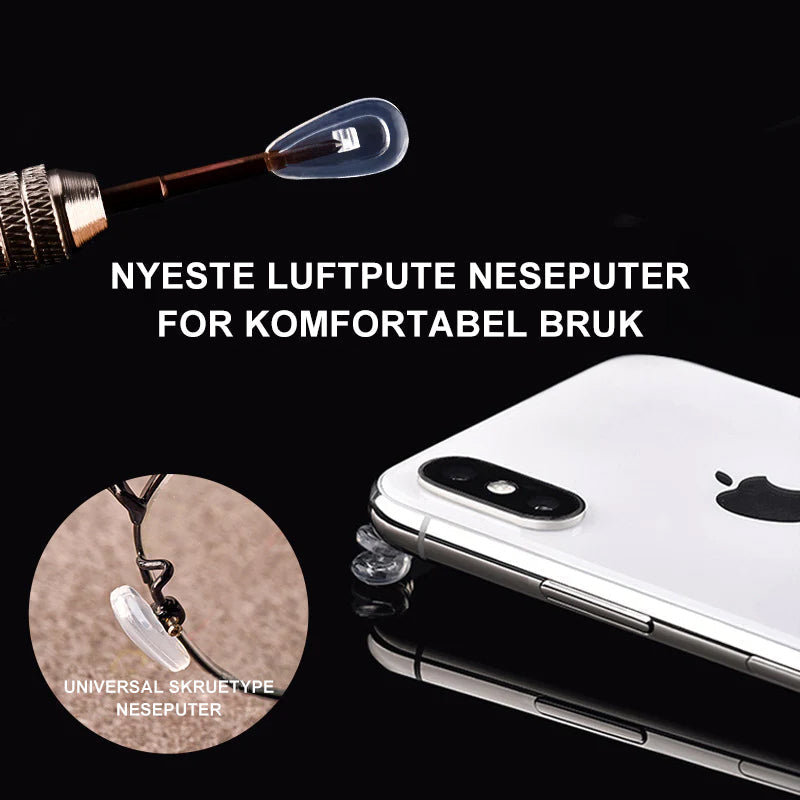 Flere par silikon neseputer i pakke, essensielt brilletilbehør for optimal komfort og enkelt vedlikehold.