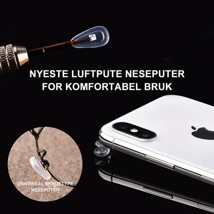 Flere par silikon neseputer i pakke, essensielt brilletilbehør for optimal komfort og enkelt vedlikehold.
