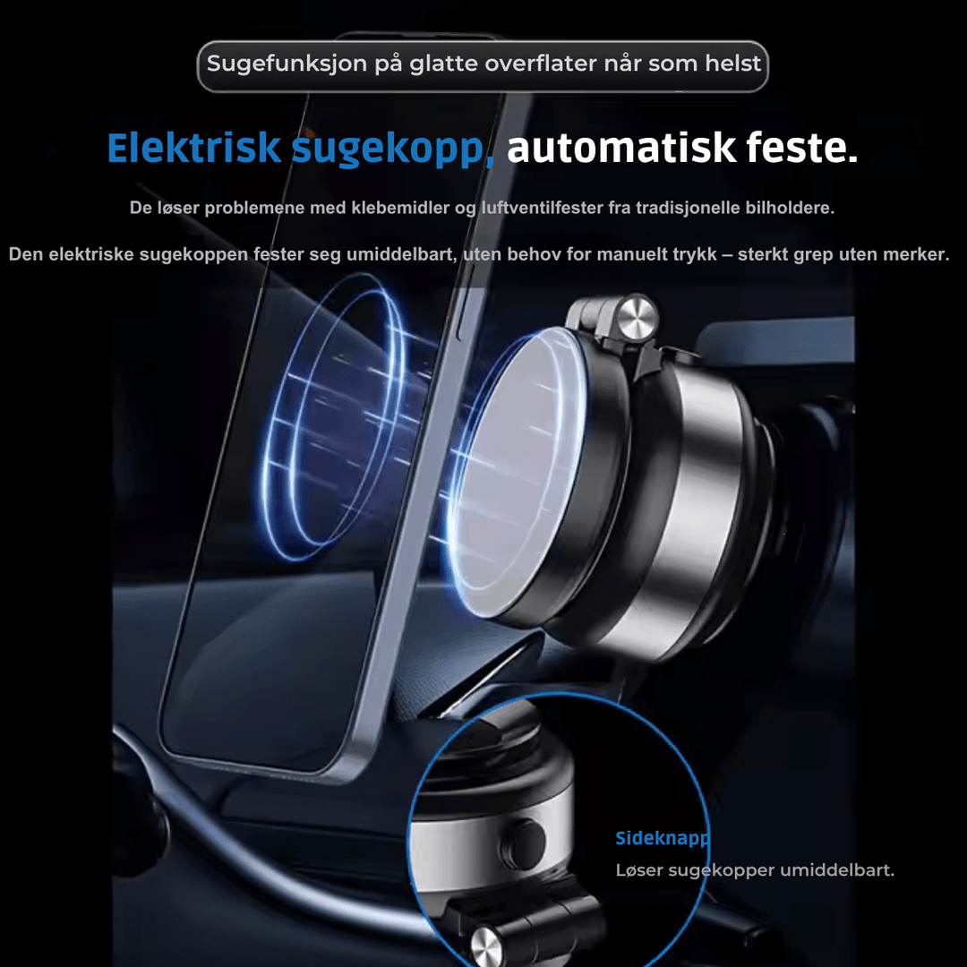 MagHold Pro 360° mobilholder festet til dashbordet, klar til å holde enhver smarttelefon.