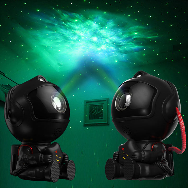 Illustrasjon av astronaut projektor i bruk, projiserer fargerik stjernetåke.