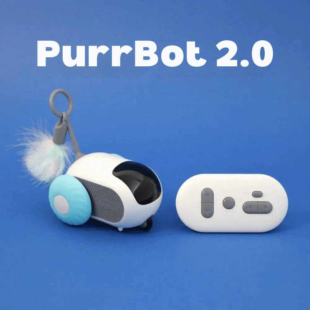 Interaktiv PurrBot 2.0 robotleke for katter, gir timer med moro og aktivitet.