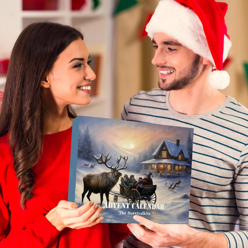 Oversikt over Survival Kit Adventskalender med julepynt, en unik gave til friluftsfolk.