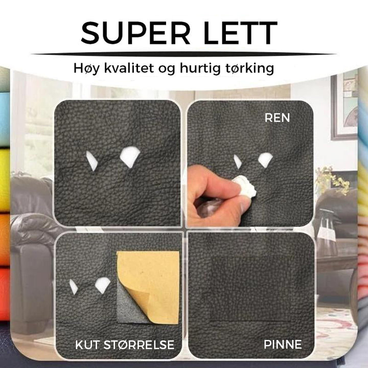 DIY møbelreparasjon: Påføring av selvklebende skinnlapp på en skinnsofa for en rask og profesjonell fiks.