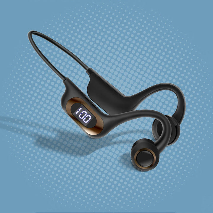 Svart benlednings-Bluetooth-hodetelefoner, ideell for alle typer sport og aktivitet.