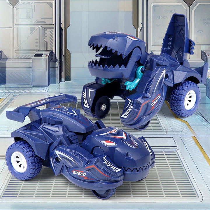 Detaljert rød lekebil med dinosaurdetaljer, klar til å transformere til en mektig dino. Perfekt for barn.