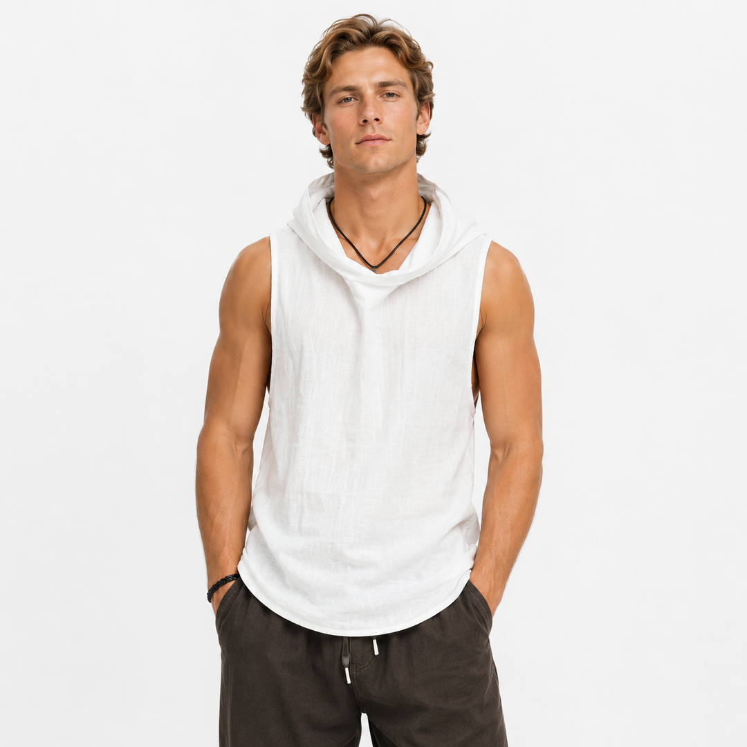 Stilig ermeløs herre topp i retro stil, løs passform. Perfekt for en avslappet sommerlook på stranden.