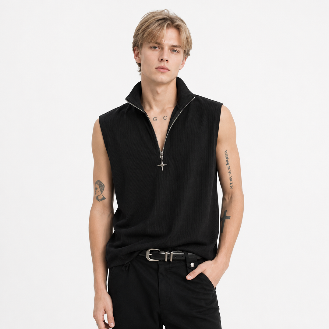 Herre ermeløs topp med ståkrage og glidelås for streetwear look. Urban menns singlet, behagelig for sommer.