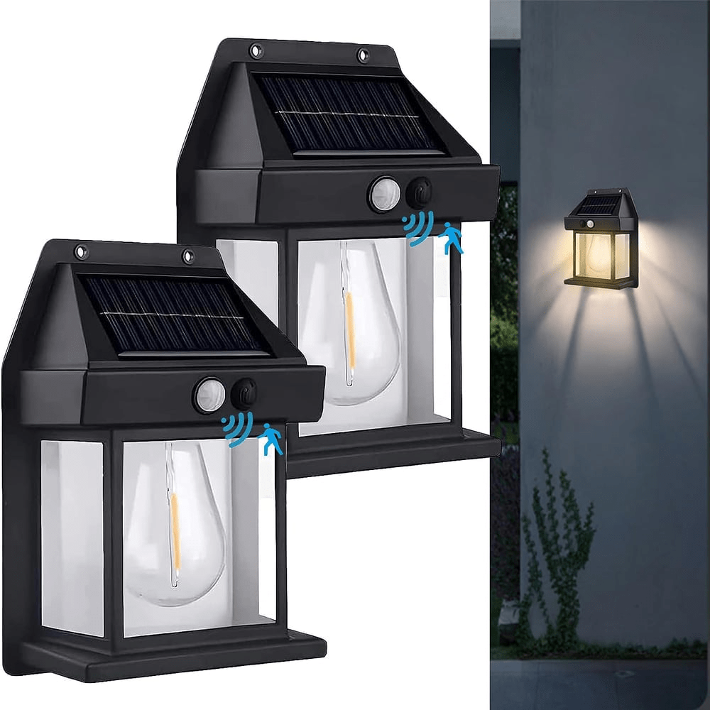 Stilren svart solcelle LED vegglampe, vanntett og med bevegelsessensor for utendørs bruk.