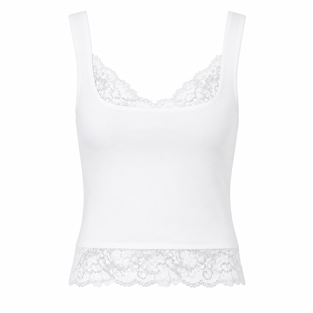 Feminin blonde tank top til dame med tynne spaghetti-stropper. Kort sommertopp for motebevisste kvinner.