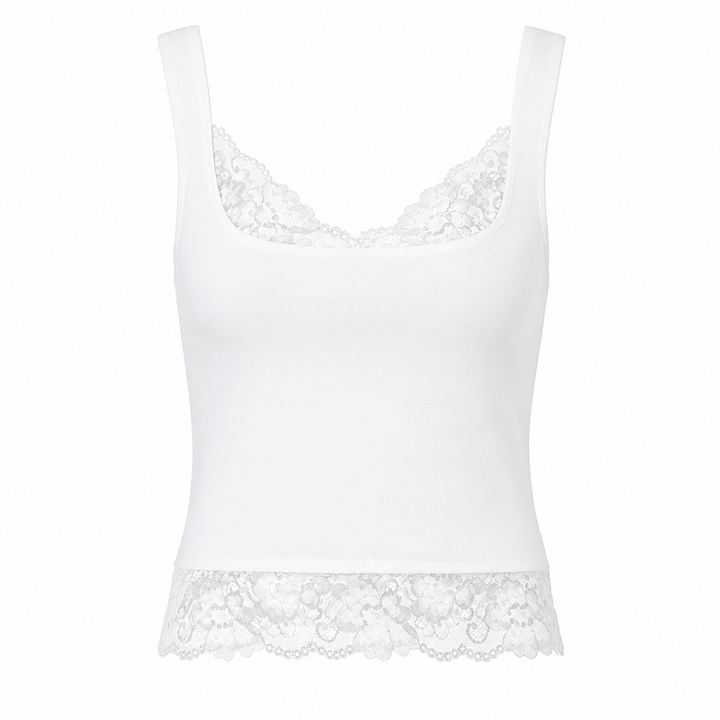 Feminin blonde tank top til dame med tynne spaghetti-stropper. Kort sommertopp for motebevisste kvinner.