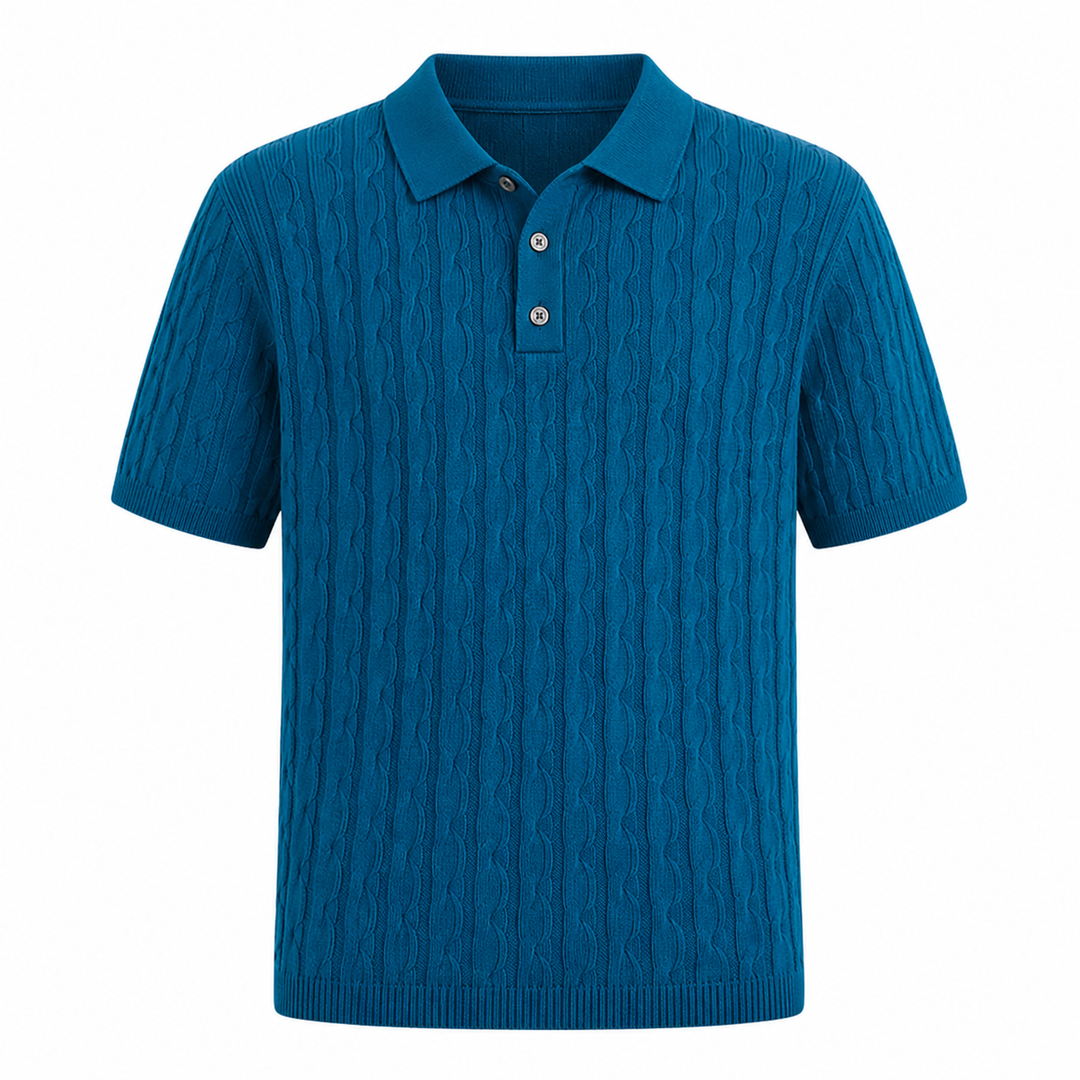 Blå herre slim fit sommerpolo med retro stil. Stretchy og komfortabel for hverdagsbruk og fine anledninger.
