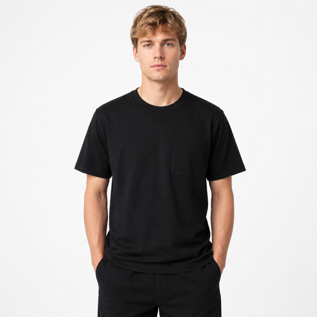 Modell bærer unisex bomull t-skjorte med brystlomme, fremhever den komfortable løse passformen.