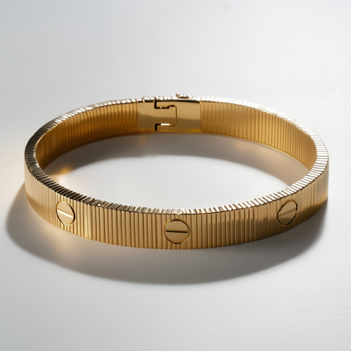 Elegant metallarmbånd med 'Love'-tekst. Fleksibelt og minimalistisk unisex tilbehør.