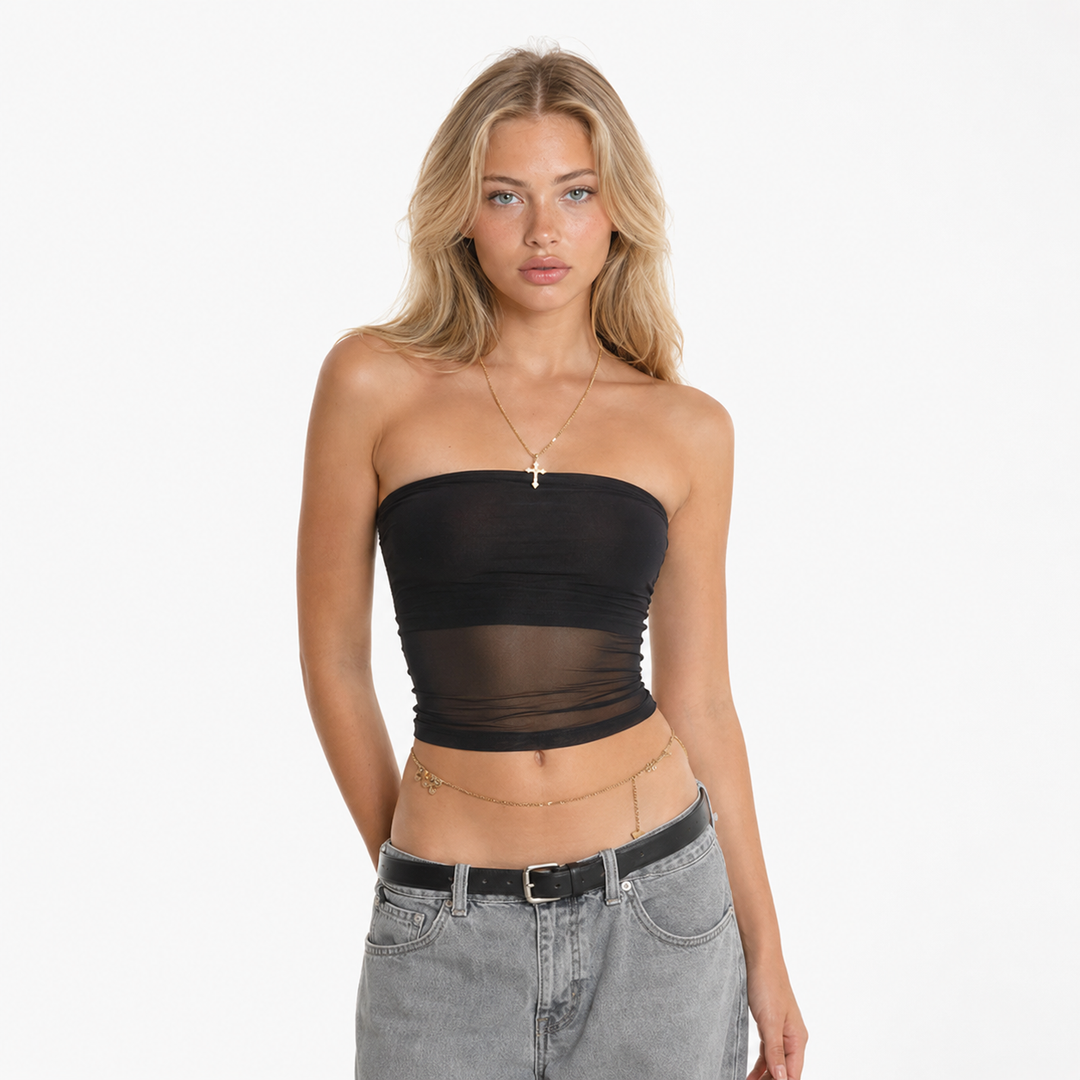 Elegant svart mesh bustier korsettopp for damer, en stroppeløs crop topp perfekt for fest og sommer.