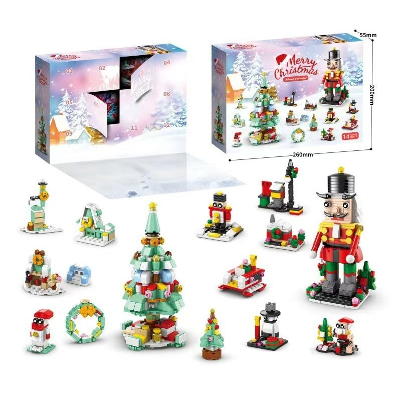 Fargerik julekalender byggeklosser stående, klar til bruk som adventskalender for barn.