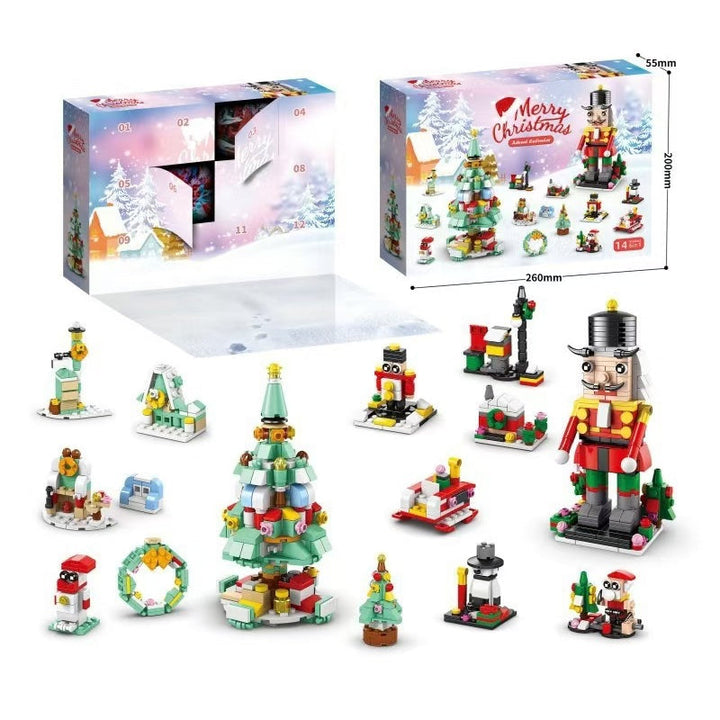 Fargerik julekalender byggeklosser stående, klar til bruk som adventskalender for barn.