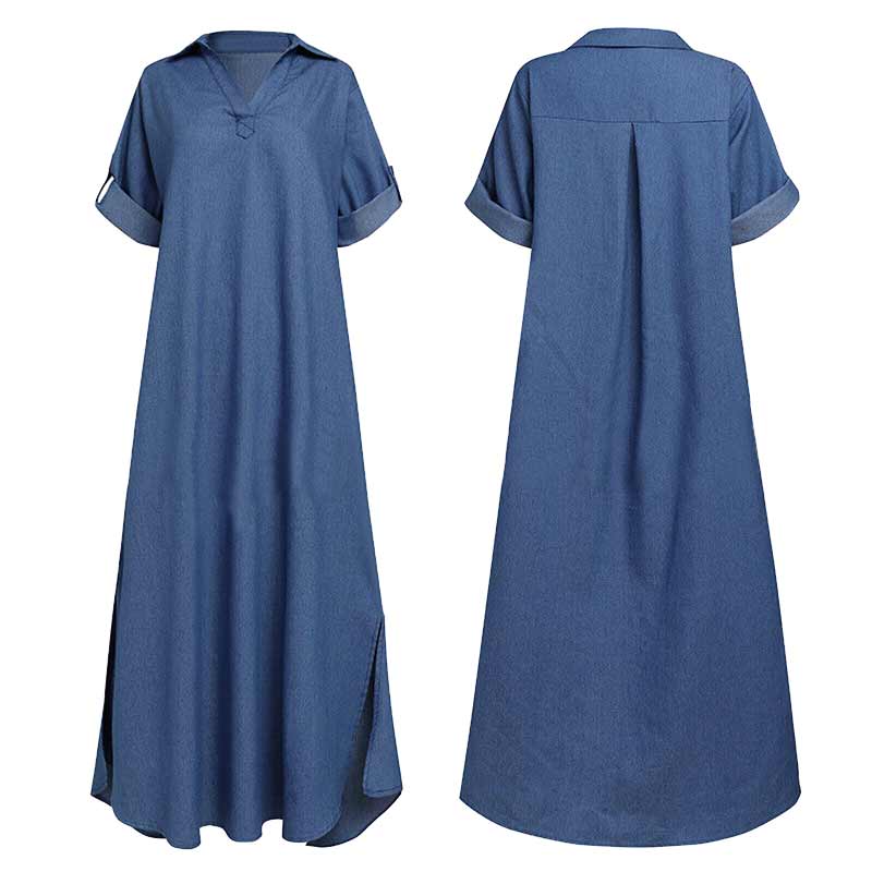 Tidløs lyseblå dame denim maxikjole. Elegant og komfortabel skjortekjole til sommeren.