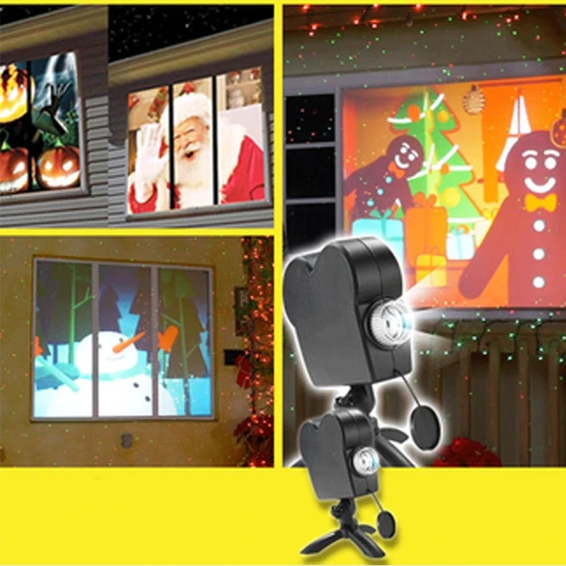 Digital vindusprojektor skaper magisk stemning med levende bilder. Ideell for festlig halloween- og juledekorasjon.