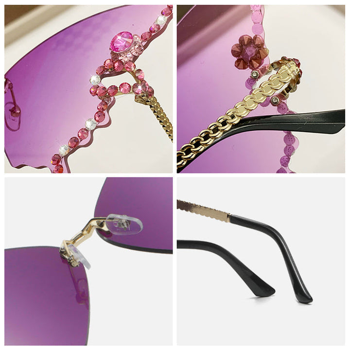 Sidevisning av kvinner sommerfugl solbriller med diamantdetaljer, trendy og elegant tilbehør.