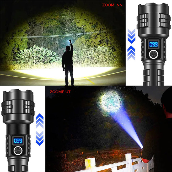 Bruker inspiserer mørkt område med kraftig 2400 lumen taktisk lommelykt. Oppladbar, vanntett LED.