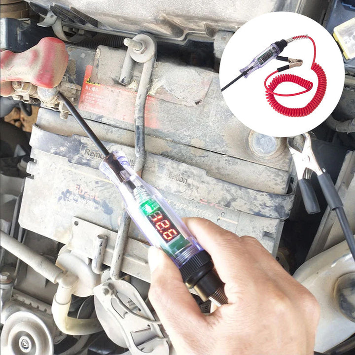 Allsidig kretstestpenn for bil, lastebil og motorsykkel; tester 12V og 24V systemer med digital presisjon.