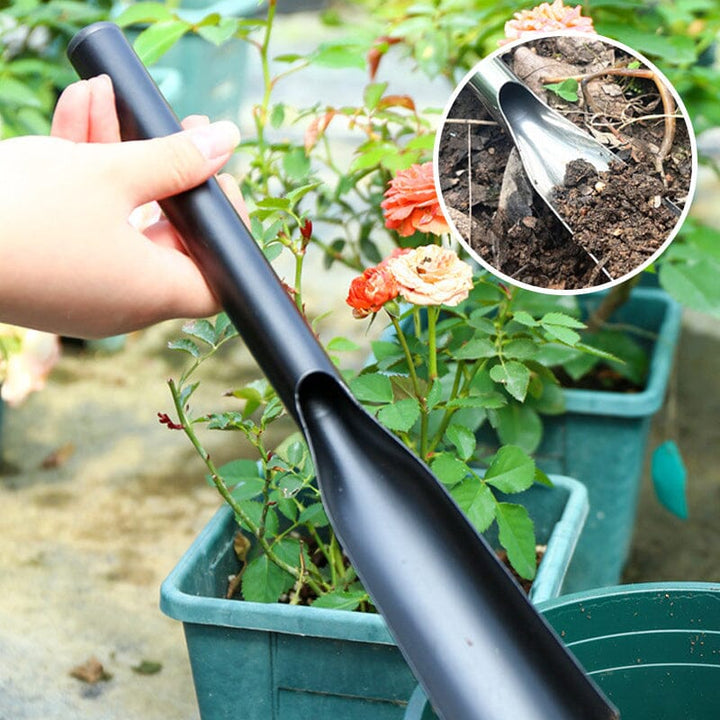 Allsidig hageredskap: kompakt håndspade for jordarbeid, luking og planting.