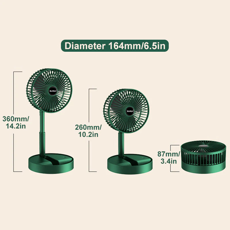 Reiseklar mini-vifte, sammenleggbar og lett å pakke. Essential for avkjøling på farten. USB-ladbar.