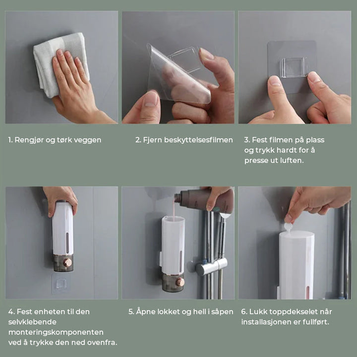 Praktisk manuell dispenser for såpe, shampoo, balsam eller lotion. Veggmontert for enkel bruk på badet.