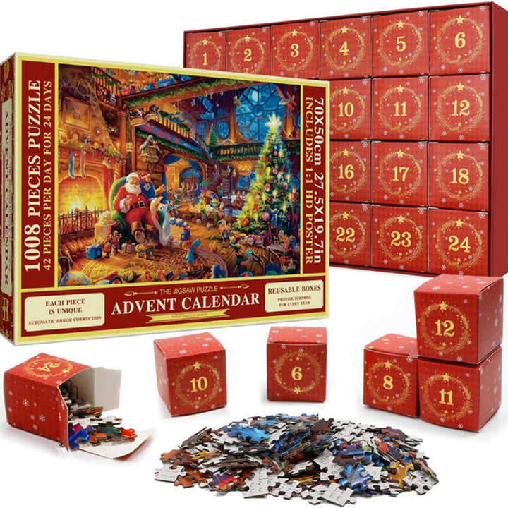 Julepuslespill adventskalender for familien. Komplett julekalender med daglige puslespillbiter.