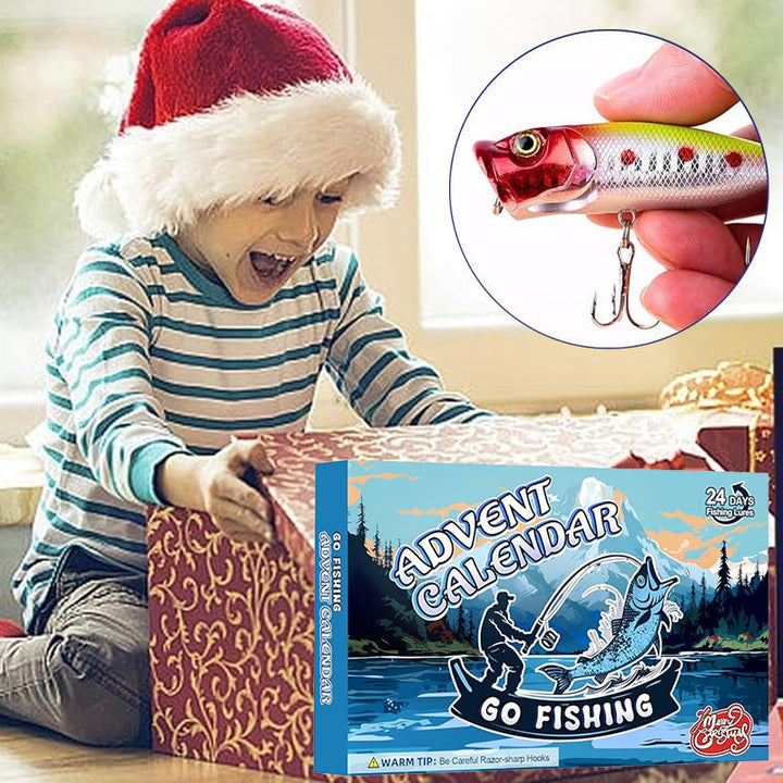 Adventskalender med fiskeutstyr for sportsfiskeentusiaster, 24 dager med fiskeoverraskelser og julestemning.