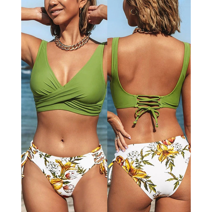 Kvinners fargerike 2-dels strand bikini med livlig sommerstil, perfekt for ferie og badetøy.