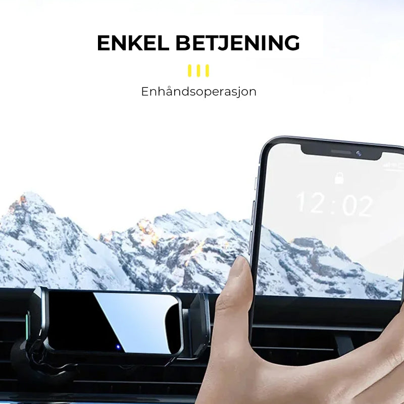 Universell elektrisk bilholder for mobil, enkel og sikker festing av smarttelefon for navigasjon.