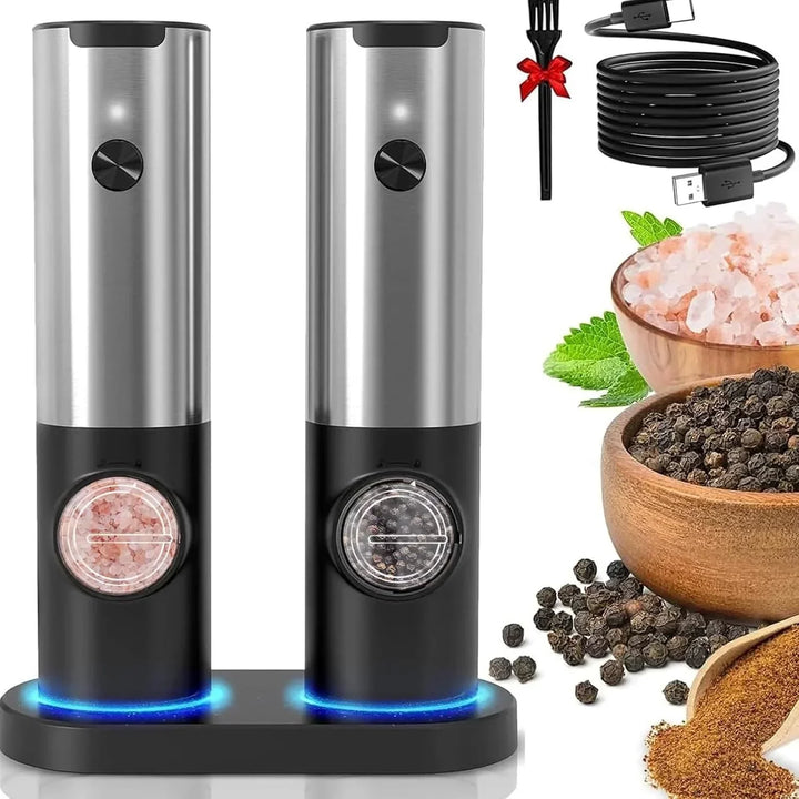 Automatisk elektrisk salt- og pepperkvern. Batteridrevet krydderkvern i svart rustfritt stål for uanstrengt matlaging.