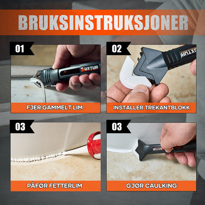 Ergonomisk skraperdel av fugemasseverktøyet fjerner gammel og stygg silikon for bedre fugejobb.