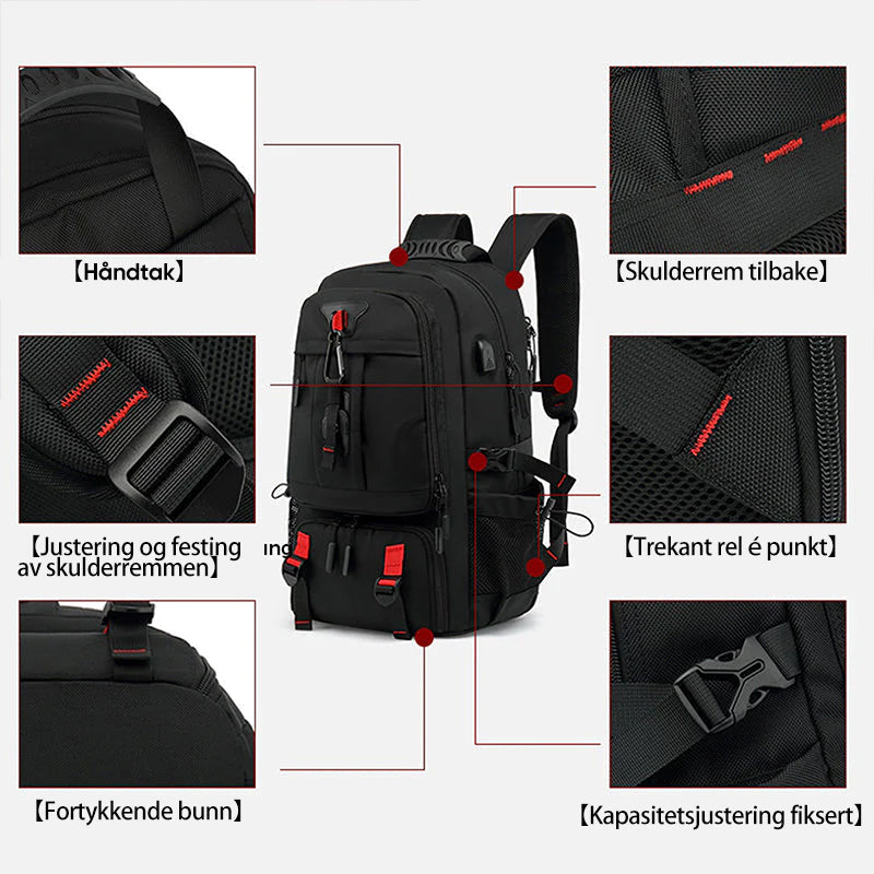 Ergonomisk ryggsekk med stor kapasitet, USB-lader, vanntett beskyttelse og unisex design.
