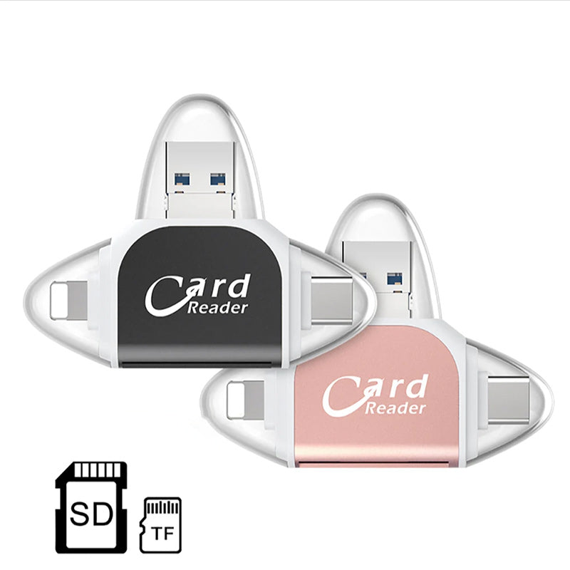 4-i-1 universell kortleser støtter SD, Micro SD, USB-C, Lightning og Micro USB tilkoblinger.