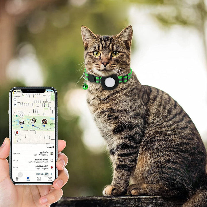 Nærbilde av sikkert AirTag-halsbånd for katt, viser integrert AirTag-holder og justerbar stropp.