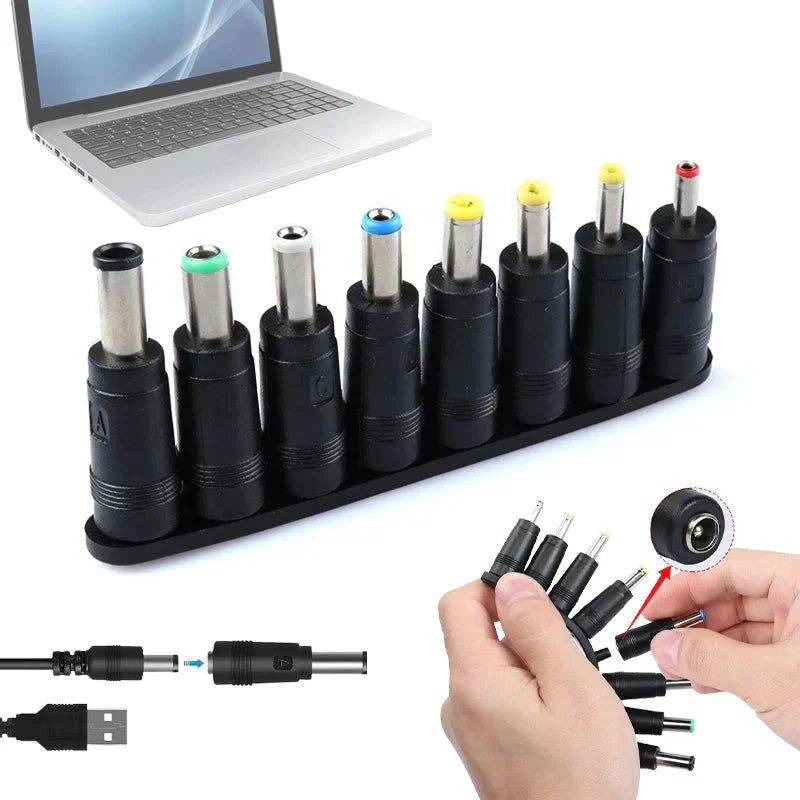 Universal 8-i-1 likestrømadapter med ulike utskiftbare tips, ideell for diverse elektronikk og husholdningsutstyr.