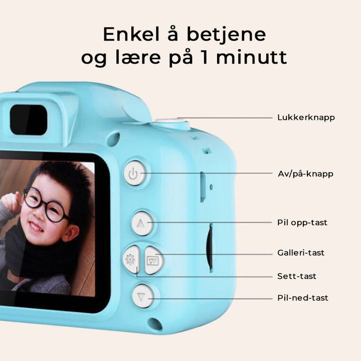 Ergonomisk HD-kamera for barn. Lett å holde og betjene for små hender som elsker å utforske.