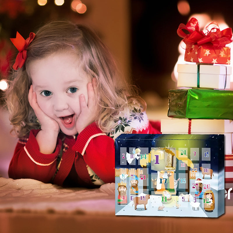 Julekrybbesett adventskalender som lærer barn om julens historie, med trygge harpiksfigurer.