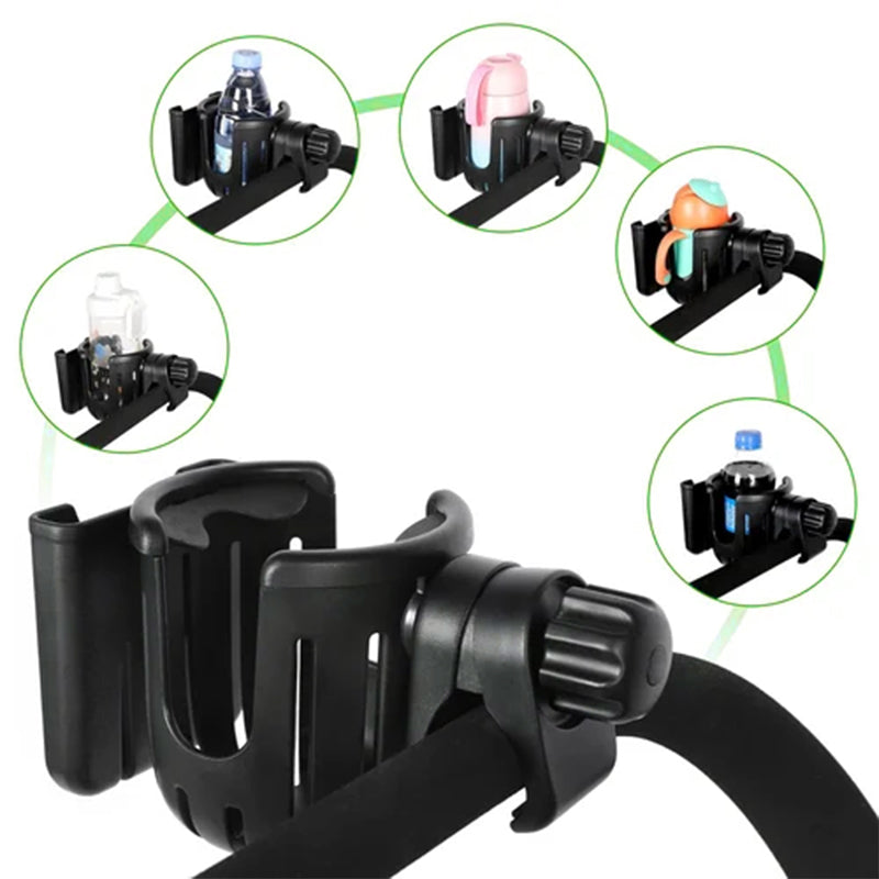 Svart 2-i-1 koppholder og mobilholder. Perfekt for kaffe på sykkel eller barnevogn. Enkel montering.