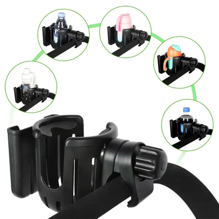 Svart 2-i-1 koppholder og mobilholder. Perfekt for kaffe på sykkel eller barnevogn. Enkel montering.