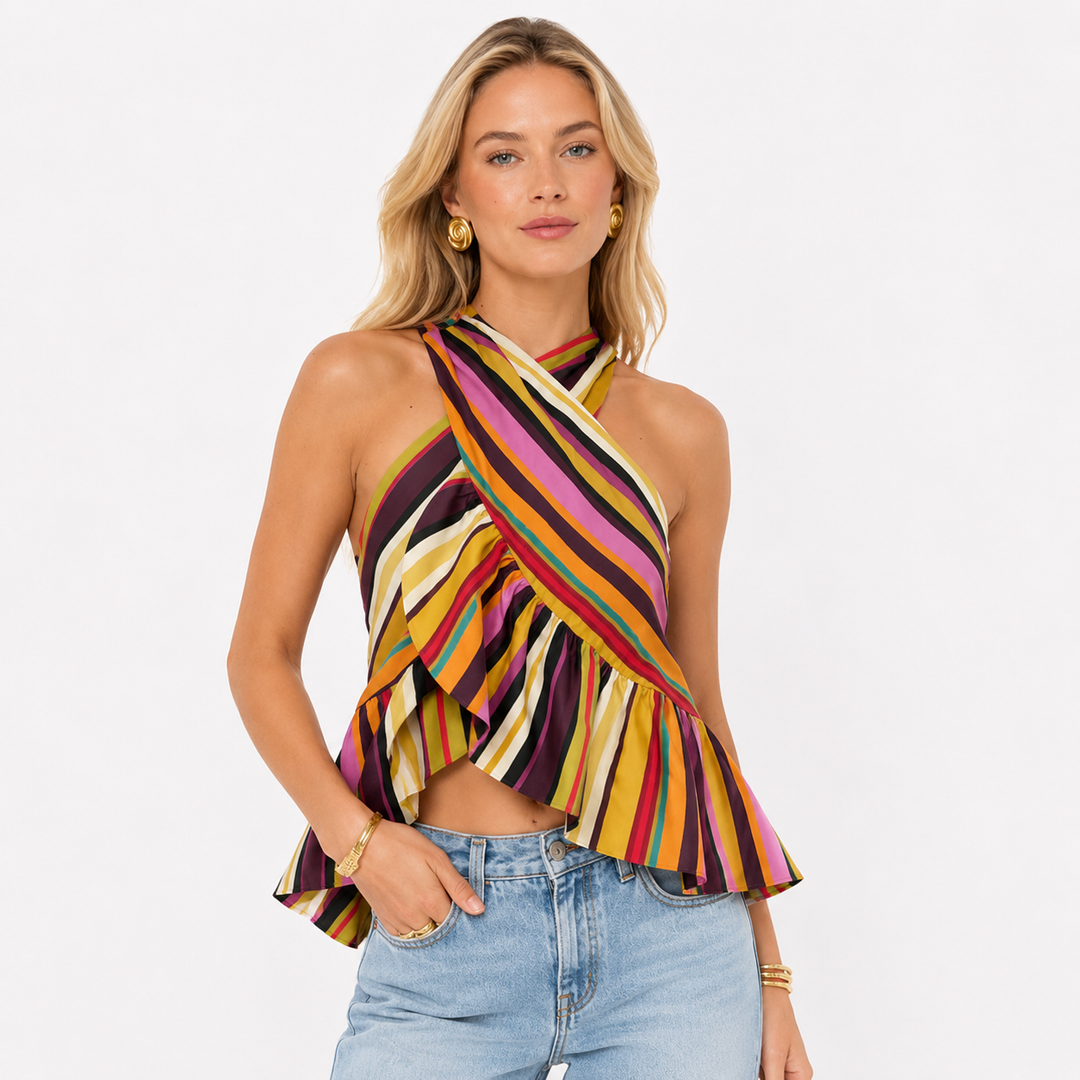 Stripet halter crop topp for dame, ryggløs med volangkant. Perfekt sommertopp for strand eller fest.