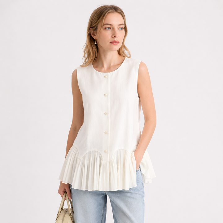 Elegant aprikos ermeløs dametopp i vintage stil. Perfekt sommertopp for hverdag, fritid og festbruk.